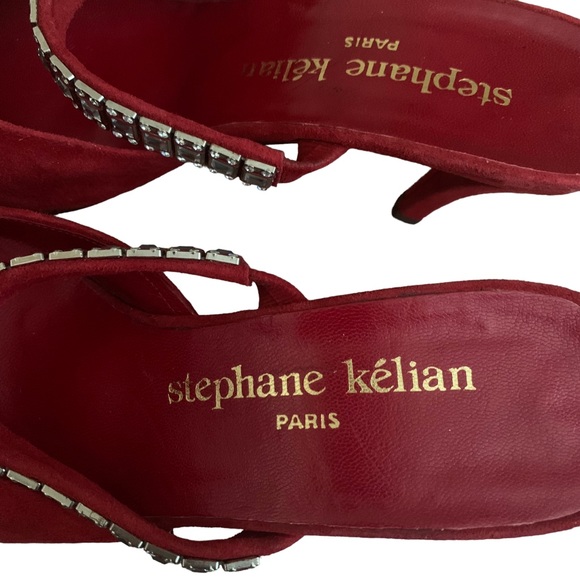 Vintage 90s Stephane Kelian Red Suede Mules Rhinestone Straps sz 8 - Picture 8 of 10